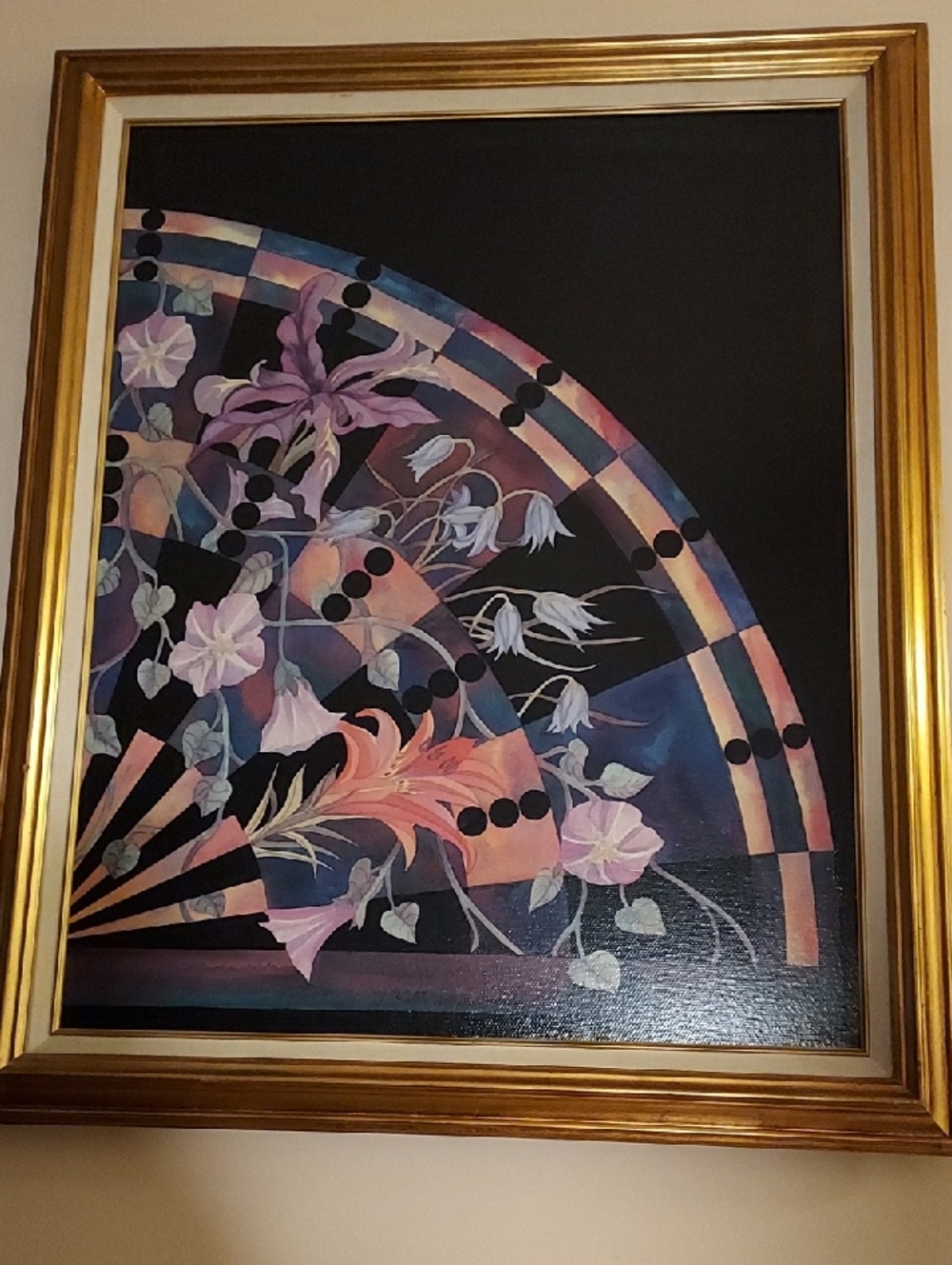 Framed Floral Fan Wall Art - Gold Frame, Black Background 32x27 In.